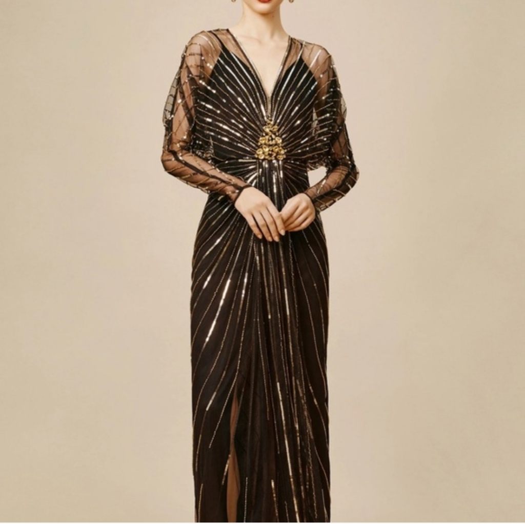 Babeyond Zouzou Black & Gold Beaded Sequin Art Deco Sheer Maxi Dress Size 20